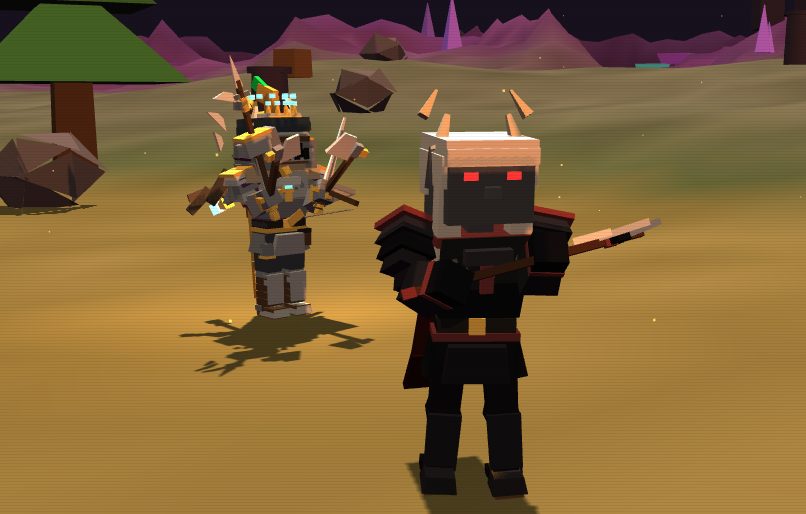 Two characters, one in dark cloak with horned helm